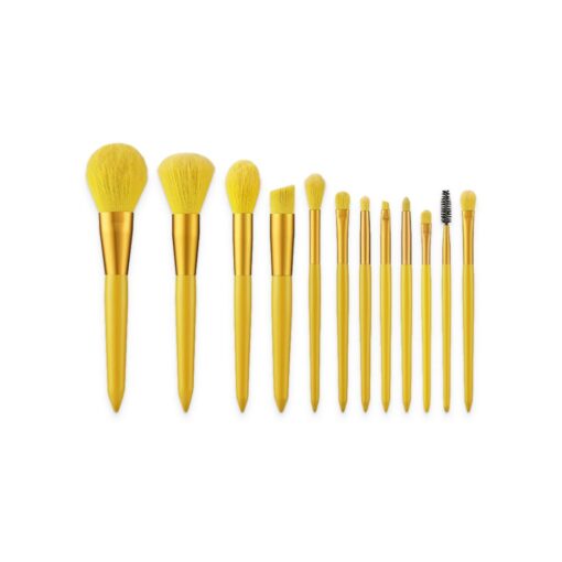 Yellow Makeup Brush Set 12Pcs Product Image Which Shows The Product From Big To Small And All The Features